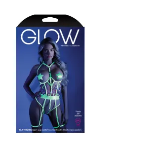 Glow In A Trance Floral Embroidered Open-cup Crotchless Teddy With Attached Leg Garters Neon Chartre