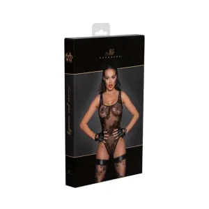 Noir Handmade Tulle Bodysuit With Patterned Flock Embroidery M