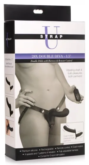 STRAP U 28X DOUBLE DIVA 1.5IN DOUBLE DILDO W/ HARNESS BLACK